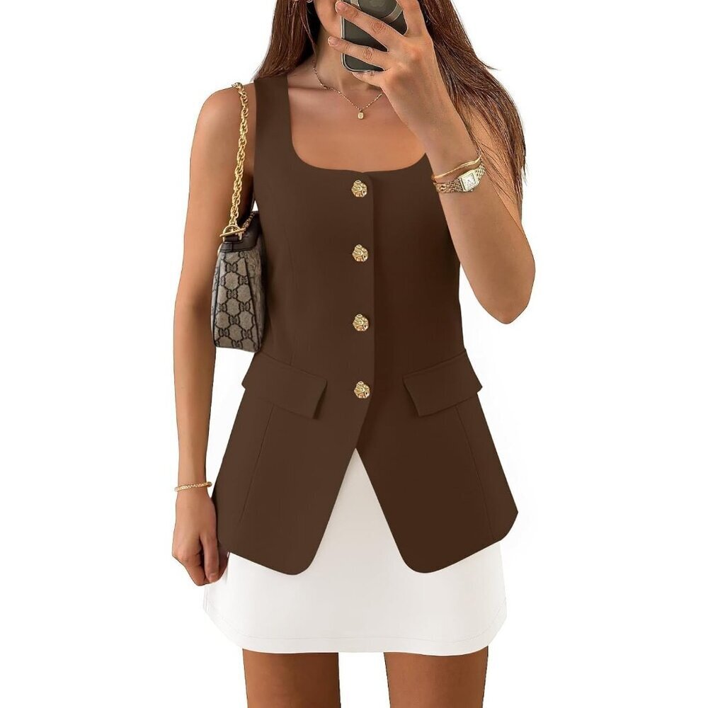Women's Brown Sleeveless Suit Vest Square Neck Button Down Work Business Blazer